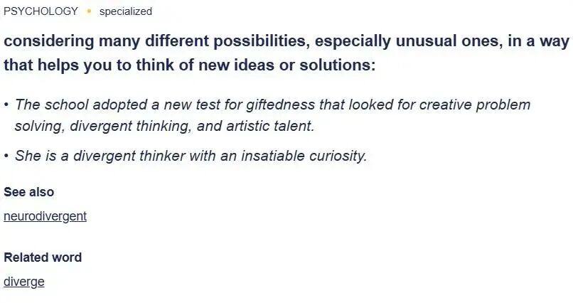 图片内容:剑桥词典中divergent的释义