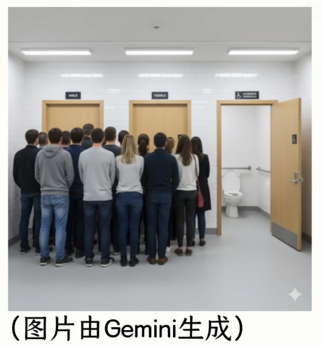 上图内容:厕所前大排长龙